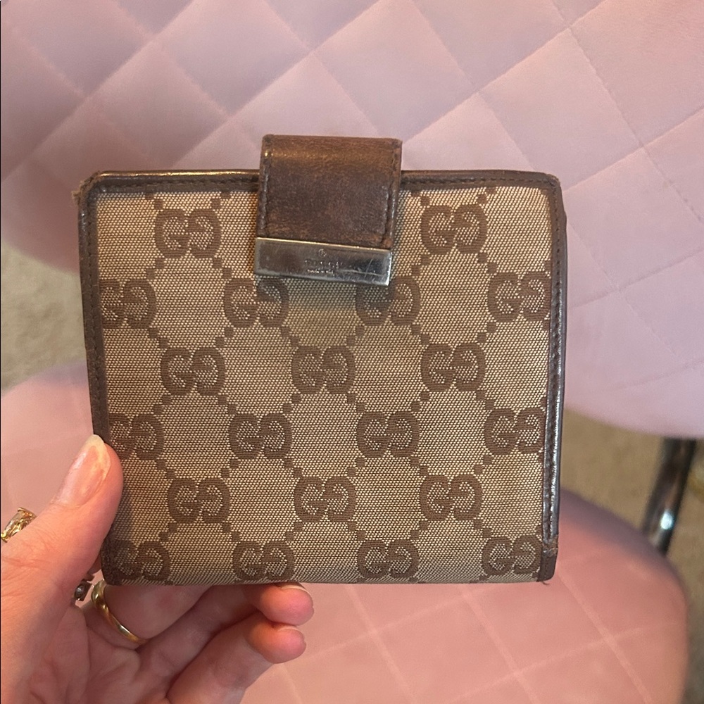 Gucci Beige & Brown GG Canvas Snap Wallet